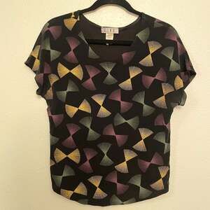 Vintage 1980s Blouse Mardi Gras Glam Metallic Abstract Cap Sleeves Size L